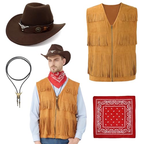 Hislovy Cowboy Kostüm Herren, Western Cowboy Outfit mit Hut Bandana Halskette für Wild West Hippie Party,Khaki,2XL Hislovy Cowboy Kostüm Herren, Western Cowboy Outfit mit Hut Bandana Halskette für Wild West Hippie Party,Khaki,2XL von Hislovy