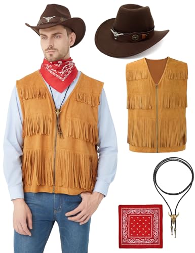 Hislovy Cowboy Kostüm Herren, Western Cowboy Outfit mit Hut Bandana Halskette für Wild West Hippie Party,Khaki,L von Hislovy