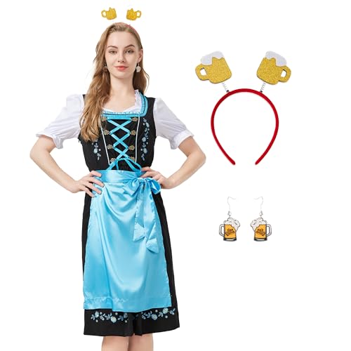 Hislovy Dirndl Damen, 5 Teiliges Oktoberfest Damen Outfit Dirndl-Komplettsets Trachtenkleid Midi für Karneval Cosplay (Blau, S) von Hislovy