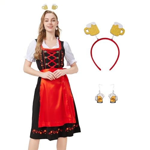 Hislovy Dirndl Damen, 5 Teiliges Oktoberfest Damen Outfit Dirndl-Komplettsets Trachtenkleid Midi für Karneval Cosplay (Rot, M) von Hislovy