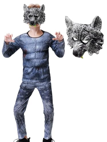 Hislovy Kinder Jungen Wolf Kostüm Verkleidung Cosplay mit Maske für Karneval Halloween Party Weihnachten,Grau,L Hislovy Kinder Jungen Wolf Kostüm Verkleidung Cosplay mit Maske für Karneval Halloween Party Weihnachten,Grau,L von Hislovy