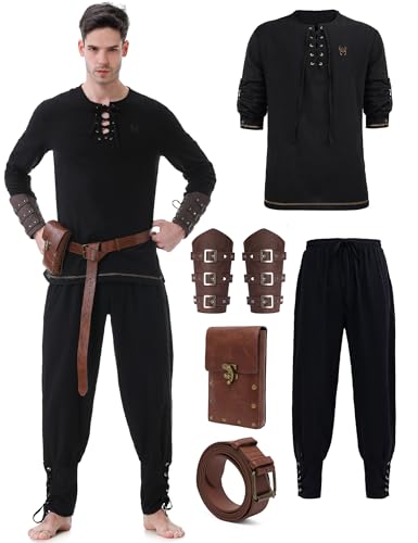 Hislovy Mittelalter Kostüm Herren, Mittelalter Kleidung Renaissance Ritter Set für Halloween Karneval, Schwarz, XL Hislovy Mittelalter Kostüm Herren, Mittelalter Kleidung Renaissance Ritter Set für Halloween Karneval, Schwarz, XL von Hislovy