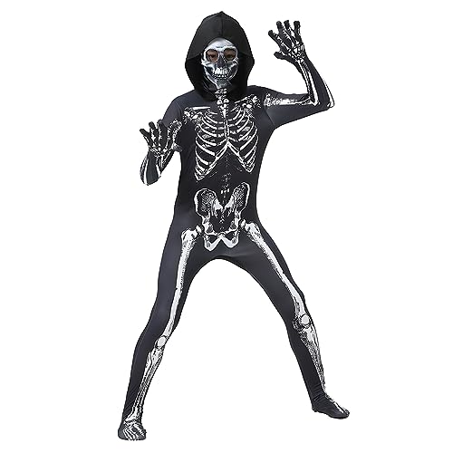 Hislovy Skelett Kostüm Kinder Jungen Mädchen Langärmelig mit Maske für Halloween Karneval Mottoparty (Schwarz, L) von Hislovy