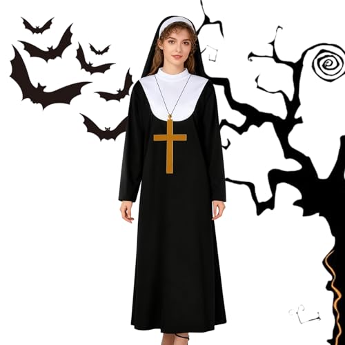 Hitburu Nonnen Halloween Kostüm Für Frauen - Kreuz Anhänger Halskette Kopfbedeckung,Rollenspiel Kopfschmuck Set,Für Frauen Erwachsene Halloween Party Kirche Weihnachten Religiöses Fest Foto Requisite von Hitburu