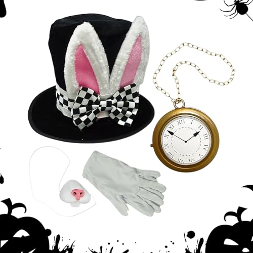 Hitburu Weißes Kostümzubehör - ohren Zylinderhut Nasenuhr Handschuhe für Karneval Ostern | 4-teiliges Set Für Kostüme Erwachsene Hitburu Weißes Kostümzubehör - ohren Zylinderhut Nasenuhr Handschuhe für Karneval Ostern | 4-teiliges Set Für Kostüme Erwachsene von Hitburu