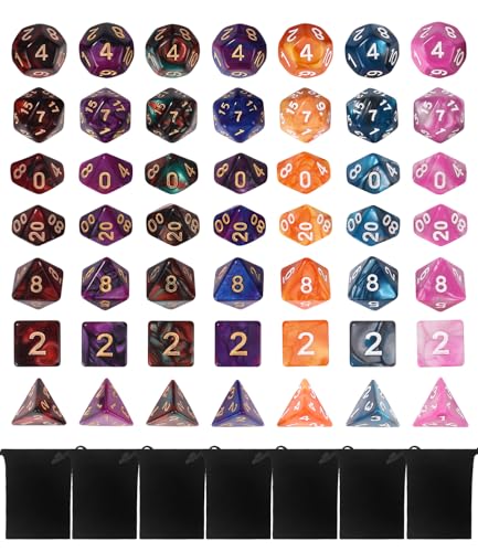 Hixava 49 Stück Acryl Polyedrische Würfel Set FarbSpielwürfel Doppel-Farben Tisch Spiel Würfel mit 7 Schwarze Kordelzugbeutel für Dungeons and Dragons Pathfinder DND RPG MTG D20 D12 D10 D8 D6 D4 von Hixava
