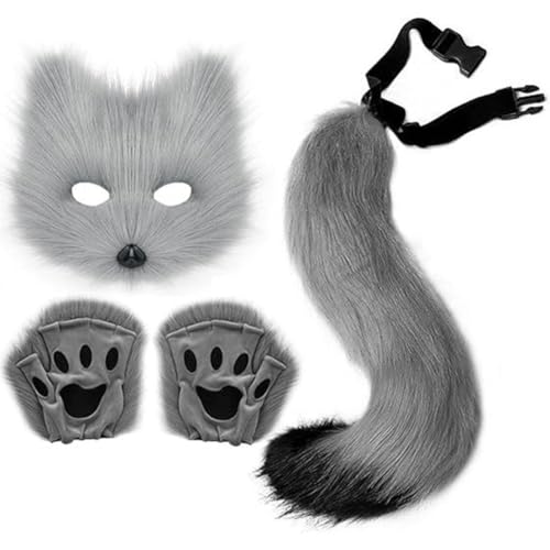 HiyyFloy Katze Maske Kostüm 1 Set Pelry Schwanz Und Pfote Handschuhe Set Für Maskerade Cosplay Party Halloween Therian Maske HiyyFloy Katze Maske Kostüm 1 Set Pelry Schwanz Und Pfote Handschuhe Set Für Maskerade Cosplay Party Halloween Therian Maske von HiyyFloy