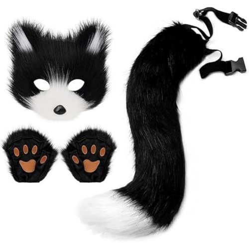 HiyyFloy Katze Maske Kostüm 1 Set Pelry Schwanz Und Pfote Handschuhe Set Für Maskerade Cosplay Party Halloween Therian Maske HiyyFloy Katze Maske Kostüm 1 Set Pelry Schwanz Und Pfote Handschuhe Set Für Maskerade Cosplay Party Halloween Therian Maske von HiyyFloy