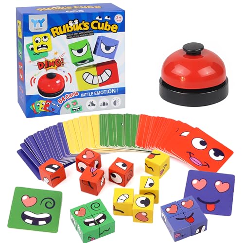 Hlayshing Zauberwürfelspiel aus Holz, 3D-Puzzle, Gesichtsverändernder Zauberwürfel, 64 Ausdruckskarten, Holzspielzeug, lustiges Puzzle-Set, 3D-Puzzle-Spielzeug für Kinder und Erwachsene von Hlayshing