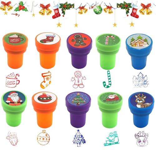 Hmdylyh 10 Stück Kinder Selbstfärbend Stempel,Stempel Weihnachten Kinder,Spielzeugstempel Weihnachts, Stempelset Weihnachten,Für weihnachtliche Bastelarbeiten und Dekorationen von Hmdylyh