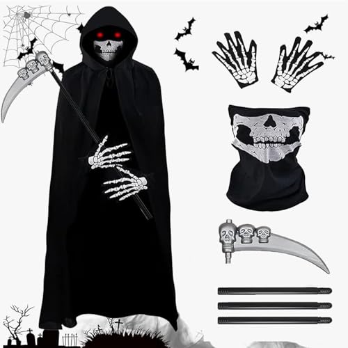 Hmdylyh Sensenmann Kostüm,Sensemann Umhang Set mit Schädelmaske, Sense, Skelett Handschuhe,Halloween Umhang Schwarz,Halloween Kostüm Unisex für Cosplay Halloween Party Totenkopf Kopfbedeckung Hmdylyh Sensenmann Kostüm,Sensemann Umhang Set mit Schädelmaske, Sense, Skelett Handschuhe,Halloween Umhang Schwarz,Halloween Kostüm Unisex für Cosplay Halloween Party Totenkopf Kopfbedeckung von Hmdylyh