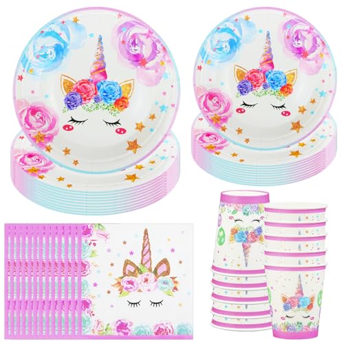 Hmfmdy Einhorn Partygeschirr Set, 50 Stück Einhorn Party Deko, Cartoon Kindergeburtstag Geschirr Kit Mit Pappteller Becher Servietten, Party Geschirr Supplies für Birthday Jubiläum - 10 Gäste von Hmfmdy