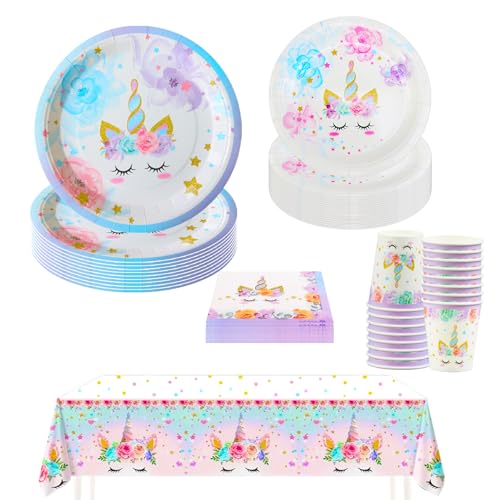 Hmfmdy Einhorn Partygeschirr Set, 69 Stück Einhorn Party Deko, Einhorn Geburtstag Geschirr Kit Mit Pappteller Becher Servietten Tischdecke, Kindergeburtstag Party Geschirr Supplies für 16 Gäste von Hmfmdy