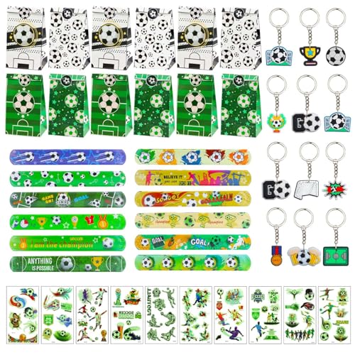 Hmfmdy Fußball Party Mitgebsel Kinder, 48pcs Mitgebsel Fussball Kindergeburtstag mit Geschenk Taschen, Schnapparmband, Tattoo, Schlüsselanhänger, Fußball Partygeschenk-Packs Set Für Jungs Mädhen von Hmfmdy