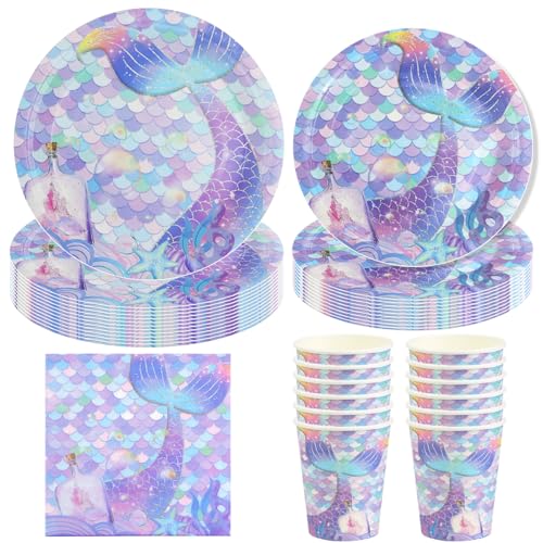 Hmfmdy Meerjungfrau Partygeschirr Set, 50 Stück Meerjungfrau Kinder Party Deko, Meerjungfrauen Schwanz Besteck Kindergeburtstag Party Geschirr Supplies Kit, Mit Pappteller Becher Servietten 10 Gäste von Hmfmdy