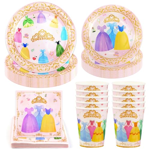Hmfmdy Prinzessinnen Partygeschirr Set, 50 Stück Prinzessinnenkleid Party Deko, KinderGeburtstag Geschirr Kit Mit Pappteller Becher Servietten, Party Geschirr Supplies für Birthday - 10 Gäste von Hmfmdy