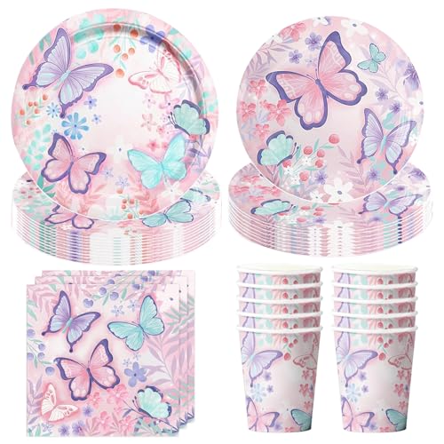 Hmfmdy Schmetterling Partygeschirr Set, 50 Stück Party Deko, Geburtstag Geschirr Kit Mit Pappteller Becher Servietten, Party Geschirr Supplies für Verlobung, Mädchen, Babyparty, Hochzeit - 10 Gäste von Hmfmdy