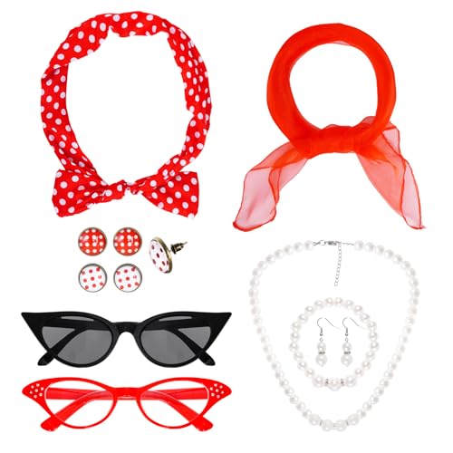 50er Jahre Set Chiffon Schal Katzenauge Brille Bandana Krawatte Stirnband Ohrringe, Rot/Ausflug, einfarbig (Getaway Solids), Einheitsgröße von Hmxpls