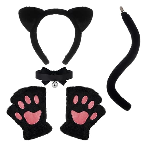 Hmxpls Schwarzes Katzenkostüm für Erwachsene, Katzenohren, Stirnband, Schwanz, Pfoten, Handschuhe, Halsband-Set, Halloween-Kostüme, Zubehör für Damen Hmxpls Schwarzes Katzenkostüm für Erwachsene, Katzenohren, Stirnband, Schwanz, Pfoten, Handschuhe, Halsband-Set, Halloween-Kostüme, Zubehör für Damen von Hmxpls