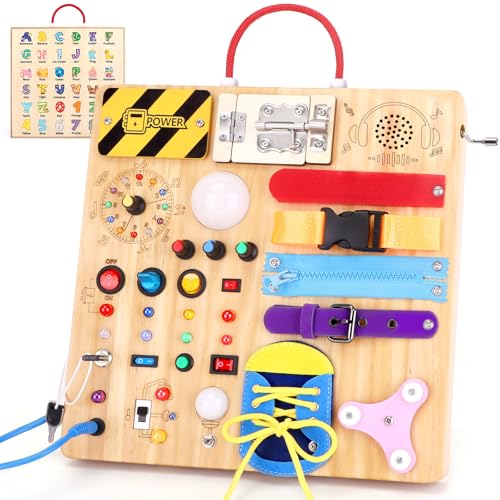 23 in 1 Busy Board Montessori Spielzeug ab 1 jahr Activity Board Holzspielzeug Mit 15 Schaltern, 26 LED Lichtern, Spieluhr, Schloss, Schnürsenkeln, Reißverschluss für 1 2 3 Jahre Jungen und Mädchen von Hoarosall