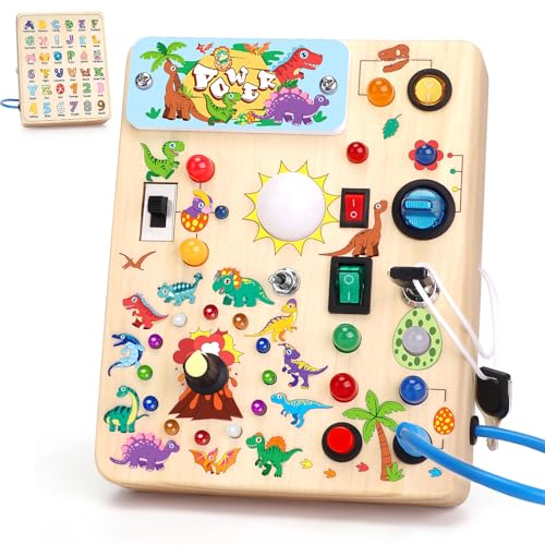 Dinosaurier Busy Board Montessori Spielzeug ab 1 jahr Activity Board Holzspielzeug Mit 10 Schaltern und 23 LED Lichtern Sensorik Spielzeug Motorikspielzeug für Babys und Kinder ab 1 2 3 4 Jahre Jungen von Hoarosall