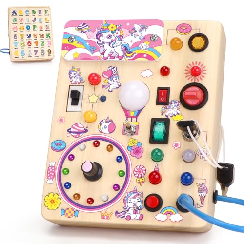 Unicorn Busy Board Montessori Spielzeug ab 1 jahr Activity Board Holzspielzeug Mit 10 Schaltern und 23 LED Lichtern Sensorik Spielzeug Motorikspielzeug für Babys und Kinder ab 1 2 3 4 Jahre Mädchen von Hoarosall
