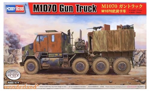Hobby Boss 1/35 M1070 Gun Truck. Plastikmdoellbausatz eines US-amerikanischen Militär-LKW`s mit 570 Teilen, Metall- und Photoätzteilen sowie Gummireifen. Länge gebaut 275 mm/Breite 109 mm. von Hobby Boss