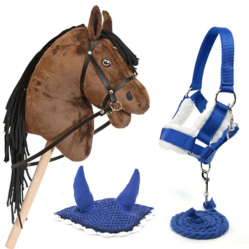 Hobby Horse Land Hobby Horse Braun mit Zaum + Halfter + Führleine + Mütze blau für Kinder ab 7 Jahren von Hobby Horse Land