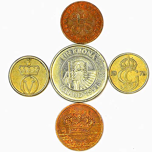 5 skandinavische Münzen aus Dänemark, Norwegen, Schweden, Finnland, Island Nordische Münzen 5 skandinavische Münzen aus Dänemark, Norwegen, Schweden, Finnland, Island Nordische Münzen von Hobby of Kings