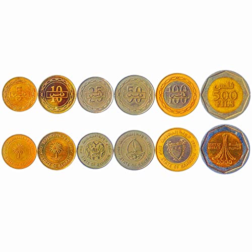 Hobby of Kings 6 Coins from Bahrain | Bahraini Coin Set Collection 5 10 25 50 100 500 Fils | Circulated 1991 - 2001 | Palm Tree | Lulu Towers - Gold Tower | Dhow von Hobby of Kings