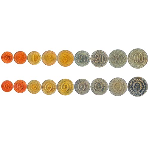 Hobby of Kings 9 Coins from Yugoslavia | Yugoslav Coin Set Collection 25 50 para 1 2 5 10 20 50 100 Dinara | Circulated 1982 - 1988 | Flame | Star von Hobby of Kings