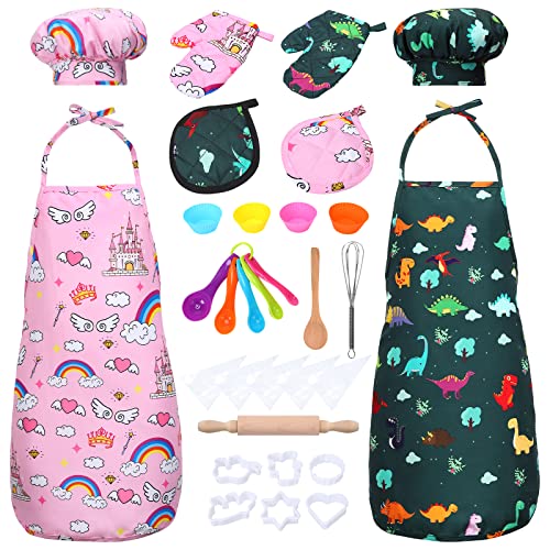 Koch- und Backset für Kinder, 2-teilige Schürze (rosa-grün), Kochmütze, Zubehör, komplettes Kochset, Verkleidung, Rollenspiel, Rollenspiel, Kostümspielzeug, Thanksgiving für Jungen und Mädchen von HobbyLane