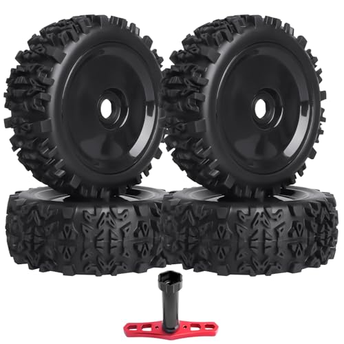 Hobbyfire Vorgeklebte 1/8 Buggy-Reifen, 17 mm Räder, Schaumstoffeinsätze mit 17 mm Radschlüssel für Arrma Typhon 3S 6S Losi HPI Redcat Racing Modelle, 4 Stück (schwarze Felgen) von Hobbyfire