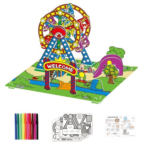 Hobngmuc 3D-Malpuzzle,3D-Puzzle für Kinder - 3D-Graffiti-Puzzle zum Thema Vergnügungspark zum Ausmalen | DIY-Kunstbedarf, innovatives interaktives Frühentwicklungsspielzeug für Jungen, Mädchen, Kinder von Hobngmuc