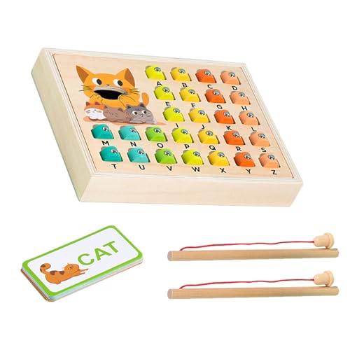 Hobngmuc Fischereispiele für Kinder, Magnetic Fishing Game,Bildungshölzernalphabet Lernpuzzle Wort Rechtschreibbox | Feinmotorische Lernen, Eltern-Kind-Interaktion Kognitive Alphabetspiel für 3 4 von Hobngmuc