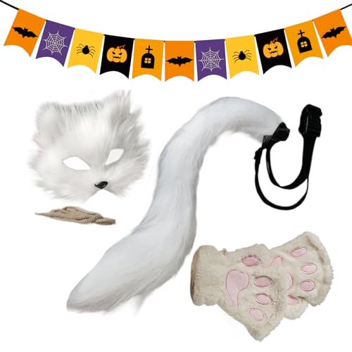 Hobngmuc Halloween-Gesichtsbedeckung für Erwachsene, Tier-Gesichtsbedeckung, Kostüm-Set, Halloween-Zubehör, Handschuhe, Schwanz, Cosplay-Kostüm für Kinder und Erwachsene, Verkleidung, Karneval, Urlaub von Hobngmuc