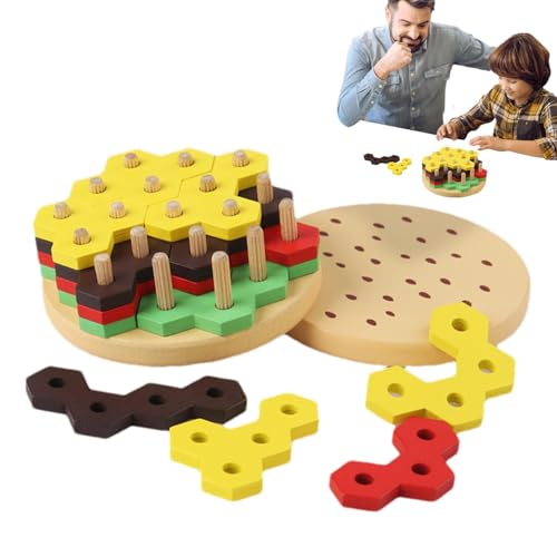 Hobngmuc Stapelung Hamburger Toy, Hamburger Stacker Toy,Hölzerne pädagogische Feinmotor -Spiele gefälschter Lebensmittelspielzeug | Täuschen Sie die Aktivitäten zur Küchenstapel-Aktivität entwickelt von Hobngmuc