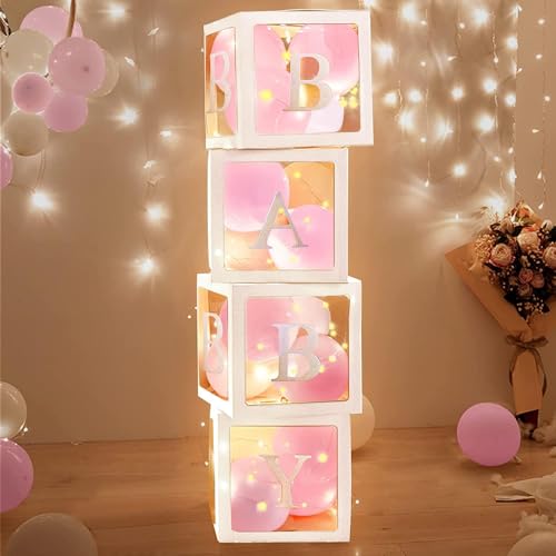 Baby Shower Boxen Party Deko,41PCS Babyparty DekoSet, 4 Stück 30cm Transparent Baby Shower Boxen und 30 luftballon für Gender Reveal Party, 1 2 3 fliegt mit Helium, Für eine unvergessliche Babyparty! von Hobubu