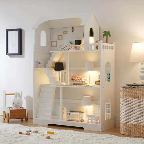 Holz-Puppenhaus-Bücherregal 3-Stöckig, Kinder-Puppenhaus-Bücherregal, Kinder-Spielzeugaufbewahrungs-Bücherregal mit extra Platz, Nachahmungsspiel-Spielhaus, Geschenk für Mädchen und Jungen ab 3 Jahren von Hobubu