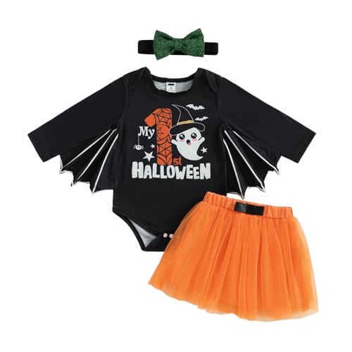 HodJIU Halloween-Kostüm für Babys, Mädchen, 3-teiliges Set, Fledermausbody + Orange-Tutu, Rock aus Tüll + Stirnband, Halloween-Kostüm, Partykleidung (Schwarz Mein erstes Halloween, 2-3 Jahre) von HodJIU