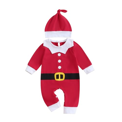 HodJIU Weihnachtskostüm Baby Jungen Mädchen Outfit Weihnachtswichtel Kostüm Wichtel Pyjama Weihnachten Set 3-teilig Strampler + Hose + Mütze (Weihnachtsmann, 12-18 Monate) von HodJIU