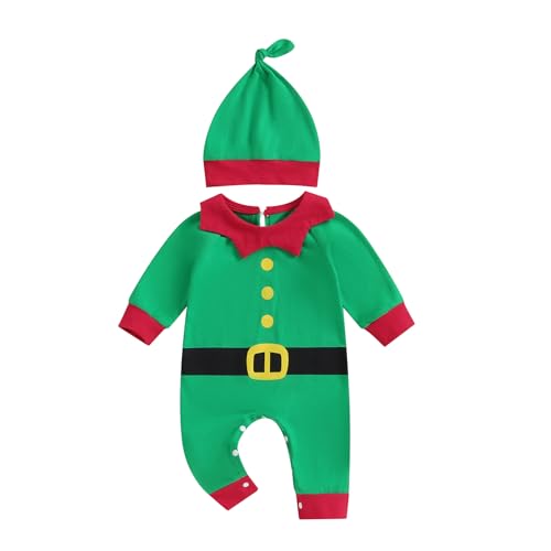 HodJIU Weihnachtskostüm Baby Jungen Mädchen Outfit Weihnachtswichtel Kostüm Wichtel Pyjama Weihnachten Set 3-teilig Strampler + Hose + Mütze (Weihnachtsmann, 3-6 Monate) von HodJIU
