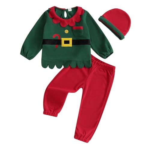 HodJIU Weihnachtskostüm Baby Jungen Mädchen Outfit Wichtel Kostüm Wichtel Pyjama Weihnachten Set 3-teilig Strampler + Hose + Mütze (Grün, 2-3 Jahre) von HodJIU