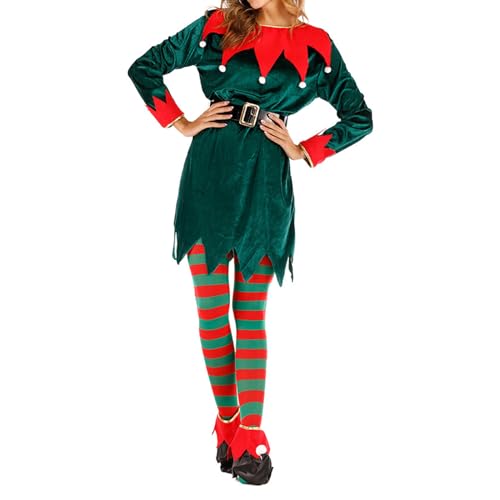 HodJIU Weihnachtswichtel-Kostüm für Damen, Elf, Weihnachten, Erwachsene, Set Kleid rot grün + Gürtel + Hut + Schuhe, Partyoutfit Weihnachten, 5 Stück Kleid, Gürtel, Hut, Strumpfhose, Schuh, Grün, 46 HodJIU Weihnachtswichtel-Kostüm für Damen, Elf, Weihnachten, Erwachsene, Set Kleid rot grün + Gürtel + Hut + Schuhe, Partyoutfit Weihnachten, 5 Stück Kleid, Gürtel, Hut, Strumpfhose, Schuh, Grün, 46 von HodJIU