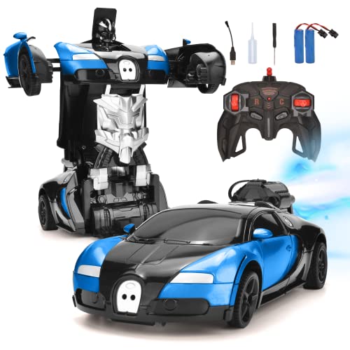 Transformations Roboter RC Auto mit Spray, Ferngesteuertes Auto für Kinder ab 6 7 8 9Jahre, Sportwagen Rennauto Spielzeug, Verformung Fahrzeug für Kinder, Geschenk für Jungen und Mädchen (Blau) von Hodlvant