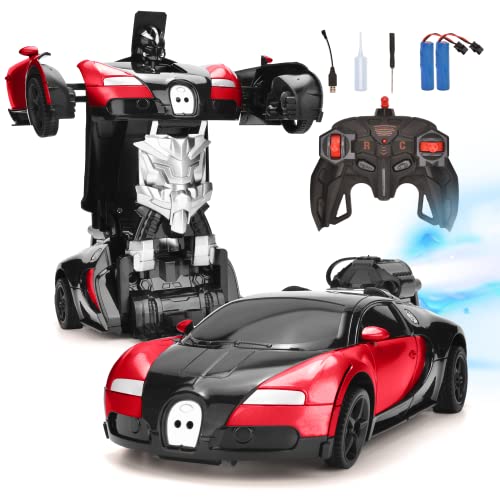 Transformations Roboter RC Auto mit Spray, Ferngesteuertes Auto für Kinder ab 6 7 8 9Jahre, Sportwagen Rennauto Spielzeug, Verformung Fahrzeug für Kinder, Geschenk für Jungen und Mädchen (Rot) von Hodlvant