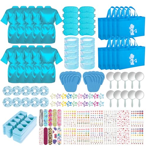Hoemwarm 122-teiliges blaues Mädchen-Spa-Party-Set, 10er-Pack, Schlummer-Partygeschenke mit Satin-Bademänteln, Tragetaschen und Nagelsalon-Zubehör für Kinder, Spa, Geburtstag, Halloween von Hoemwarm