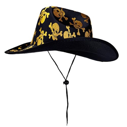 Hogvinnatil Cowgirl Hut | Totenkopf-Muster Breitkrempige Kopfbedeckung Mit Kordel | Festliches Kopfaccessoire Für Halloween Mottopartys Maskenbälle Bühnenauftritte Familienfeiern Hogvinnatil Cowgirl Hut | Totenkopf-Muster Breitkrempige Kopfbedeckung Mit Kordel | Festliches Kopfaccessoire Für Halloween Mottopartys Maskenbälle Bühnenauftritte Familienfeiern von Hogvinnatil