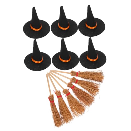 Hohopeti 12 Stück Teiliges Mini Hexenhut und Besen aus Filz und Groß Schwarz und Rot Detailreiche Halloween Dekoration für Puppenhäuser DIY Bastelzubehör Lebendige Farben Vielseitig von Hohopeti