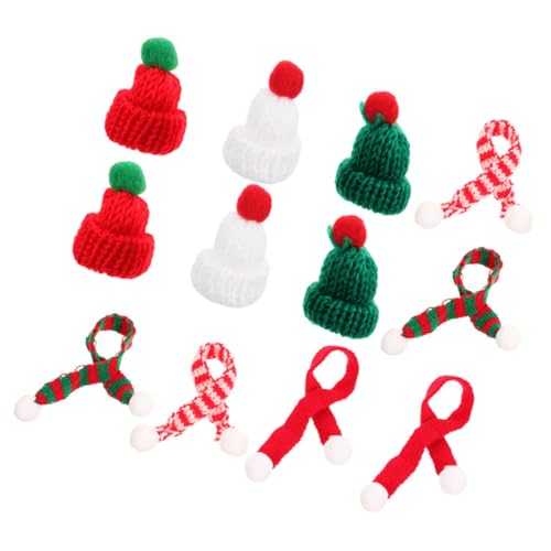 Hohopeti 12 Stück Teiliges Mini Strickmützen und Schal Weihnachtliche Deko für Puppen Flaschen DIY Basteln Weiche Kuschelige Mini Weihnachtsmützen in Rot Weiß Grün für Weihnachtsbaum und von Hohopeti